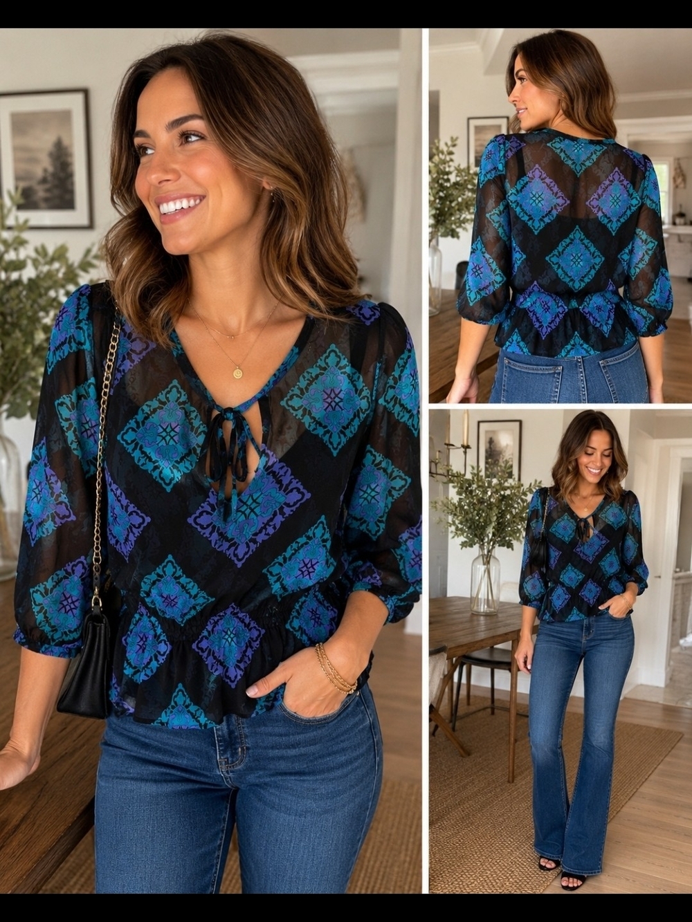 Mossimo Supply Co Sheer Peplum Tie Front Blouse XS Black Blue Boho Top